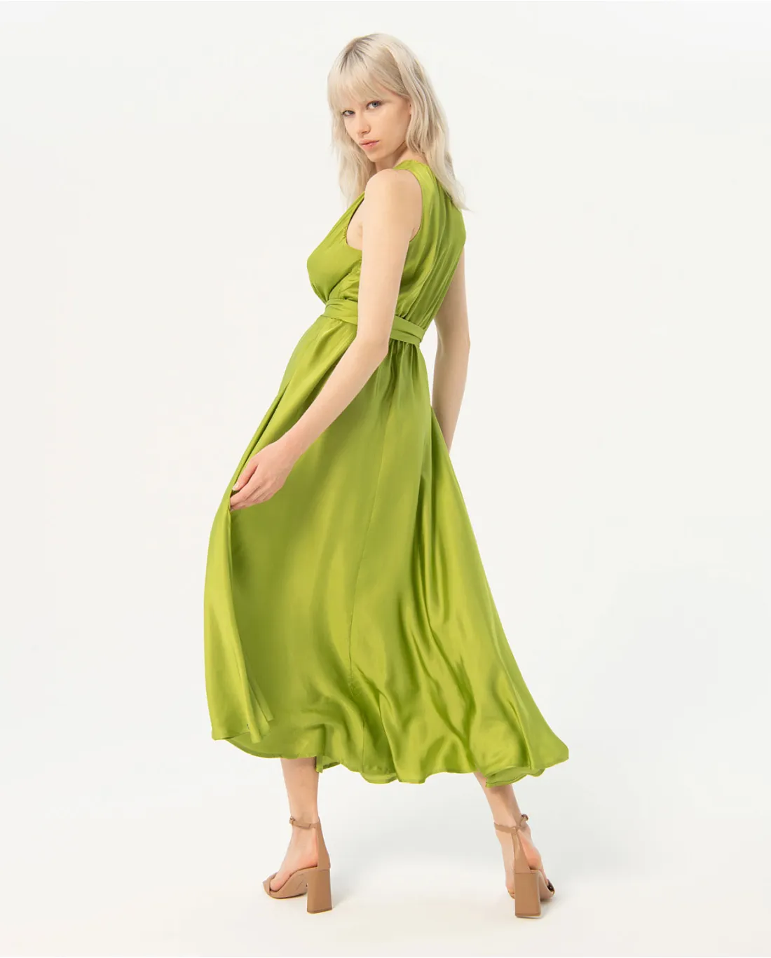 724- V Neck Satin Sleeveless Midi Dress- Lime Green- Surkana