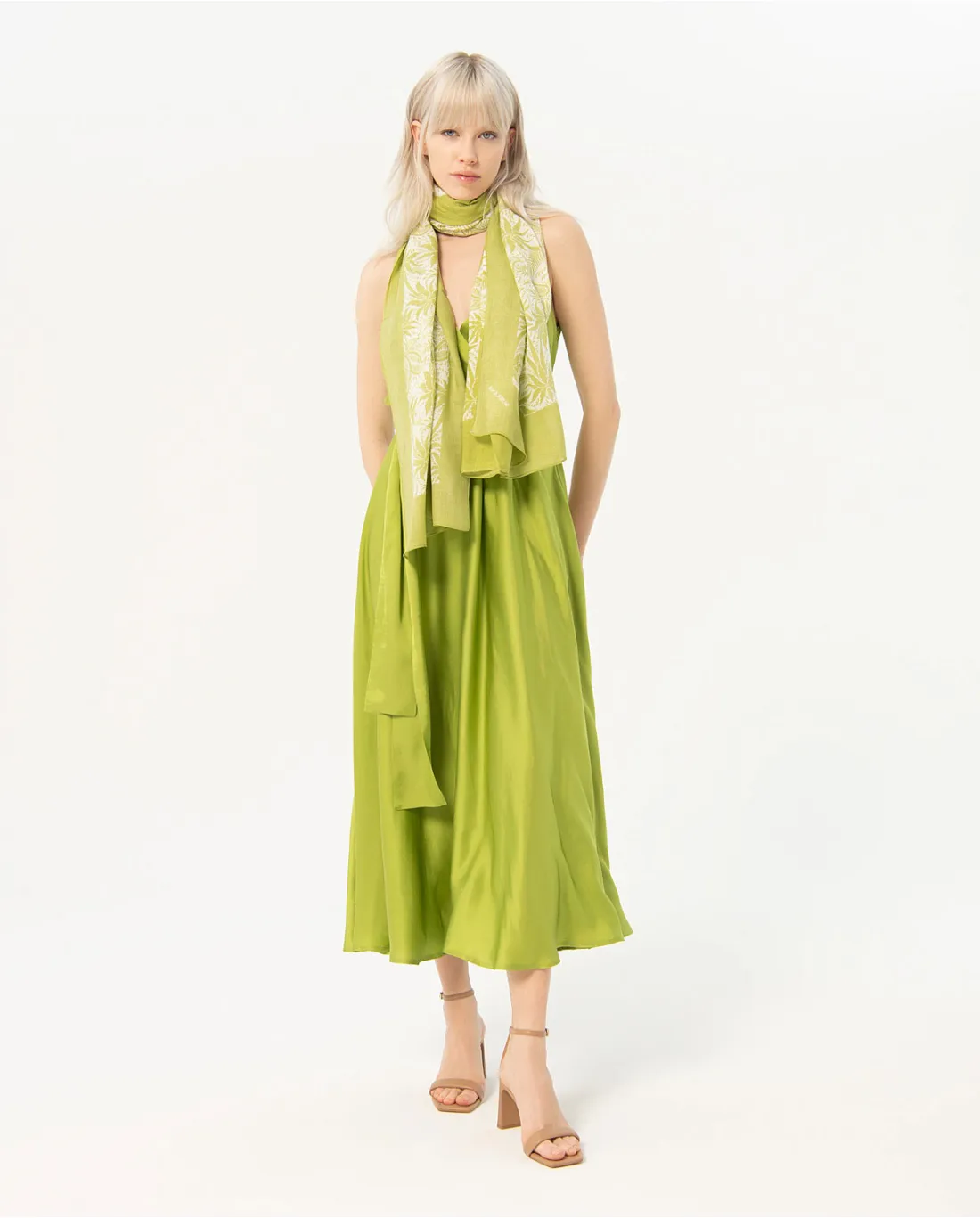 724- V Neck Satin Sleeveless Midi Dress- Lime Green- Surkana