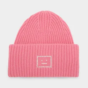 ACNE STUDIOS The Sustainable Edit Crystal Pansy Face Logo Beanie Hat - Tango Pink