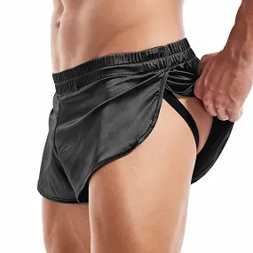 AMY COULEE Mens Sexy Boxers Shorts Split Side Running Shorts Lightweight Silky Jockstrap Stain Active Shorts (XL, Black)