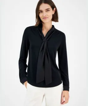 Anne Klein Women's Tie-Neck Mixed-Media Long-Sleeve Top