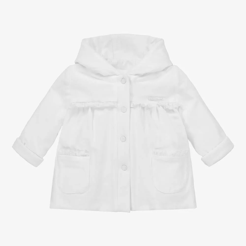 Baby Girls White Cotton Hooded Coat