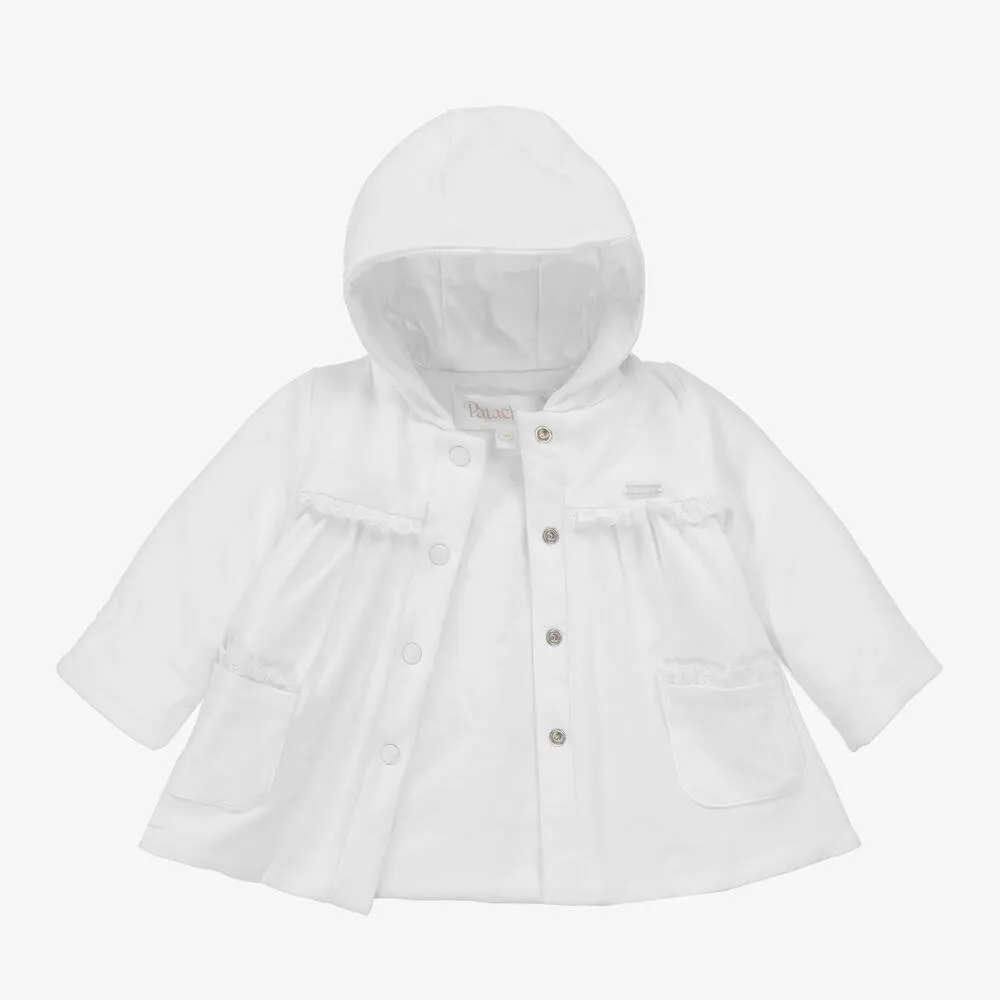 Baby Girls White Cotton Hooded Coat