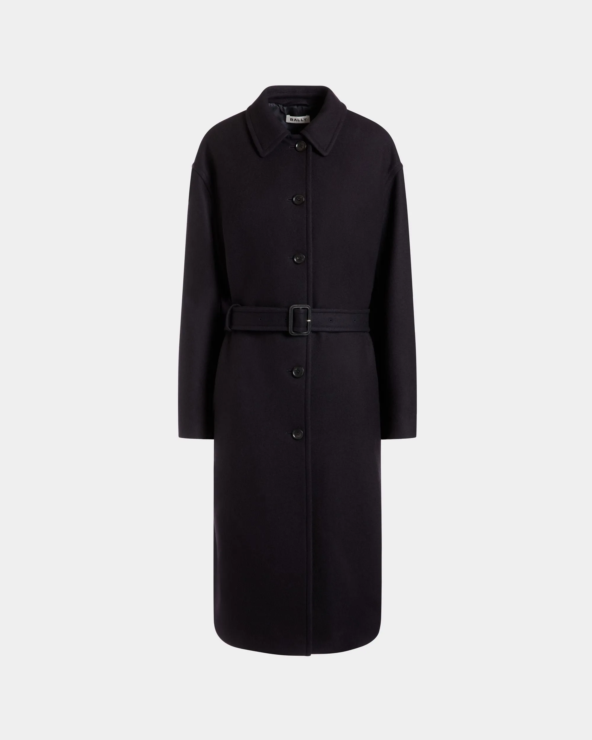 Belted Coat In Navy Blue Wool Blend 