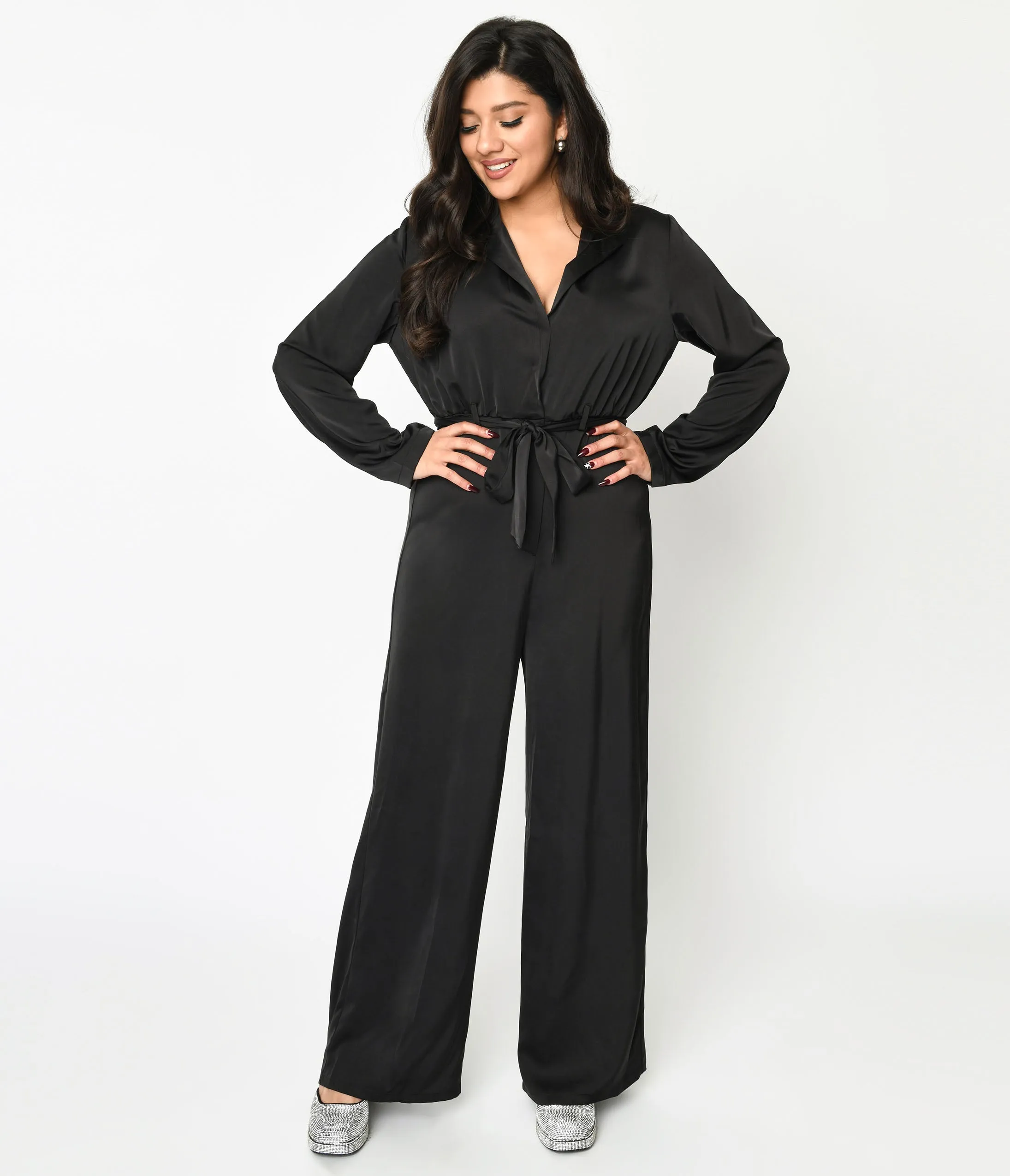 Black Satin Tie Waist Jumpsuit