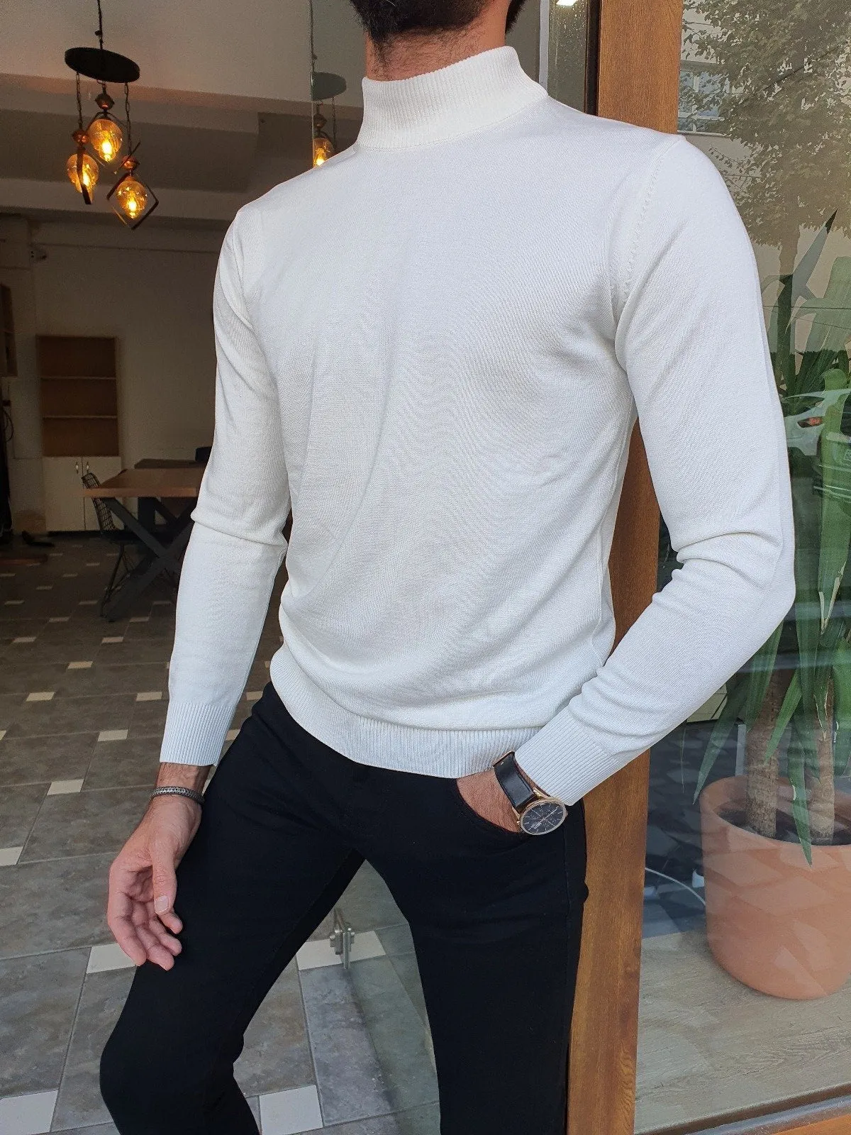 Bojo Slim Fit Long Sleeve White Sweater