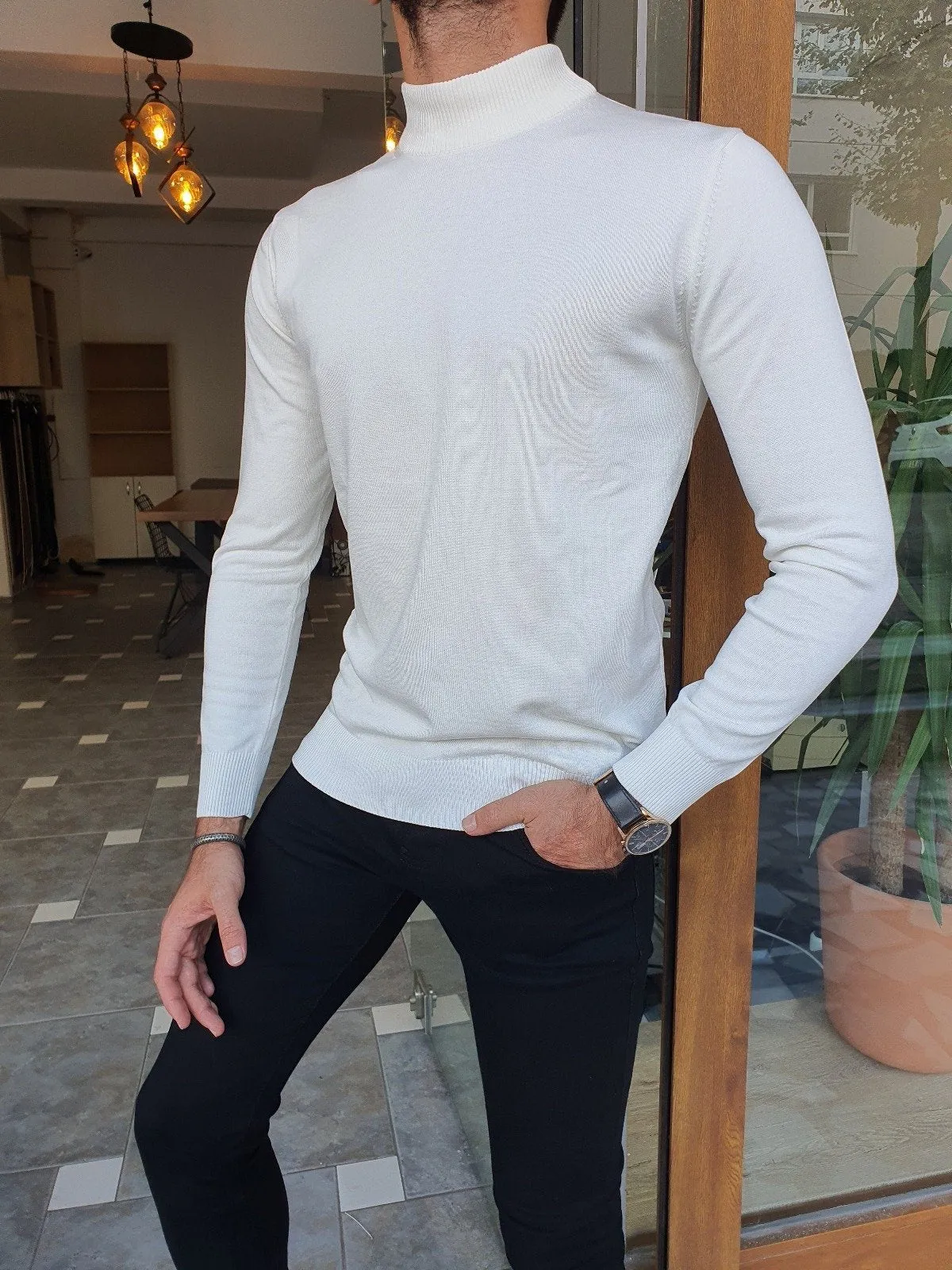 Bojo Slim Fit Long Sleeve White Sweater