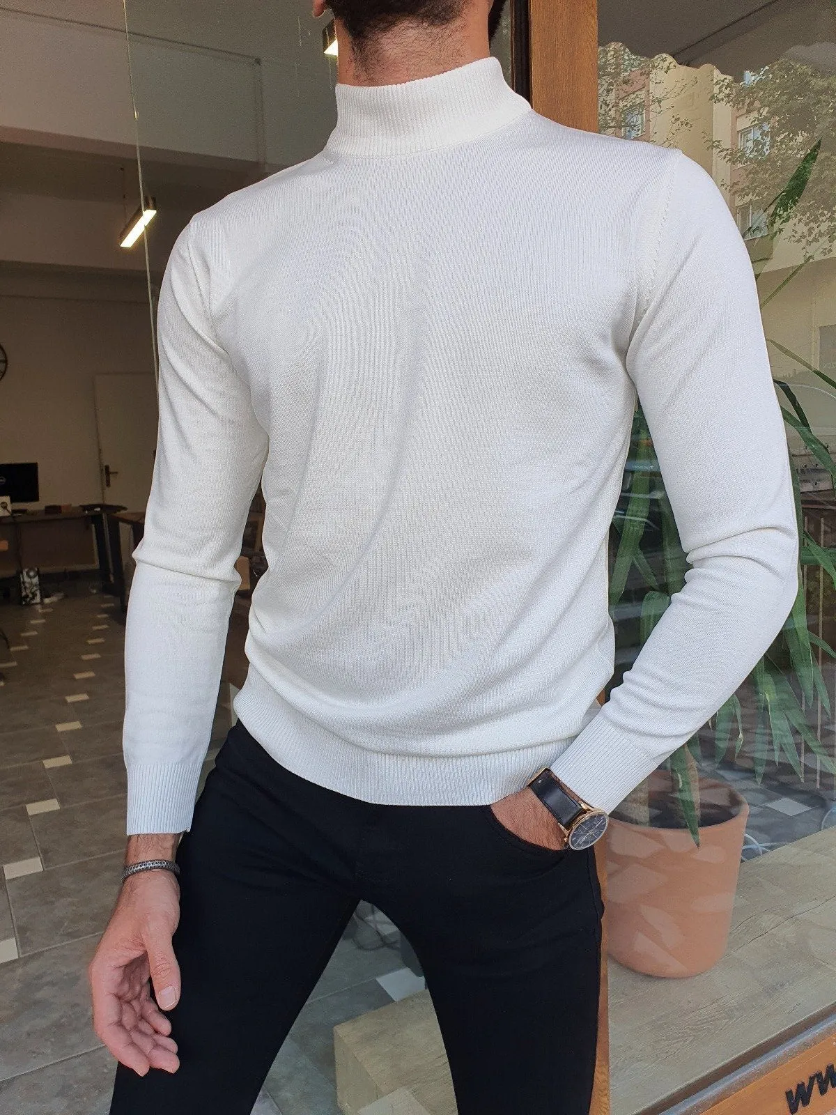 Bojo Slim Fit Long Sleeve White Sweater