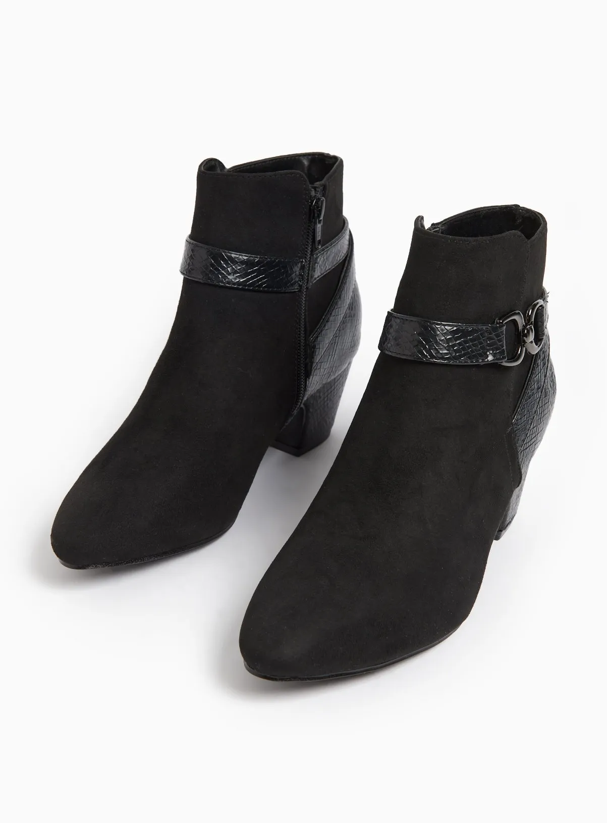 Buy Black Buckle Faux Suede Heeled Ankle Boots 3 | Boots | Tu