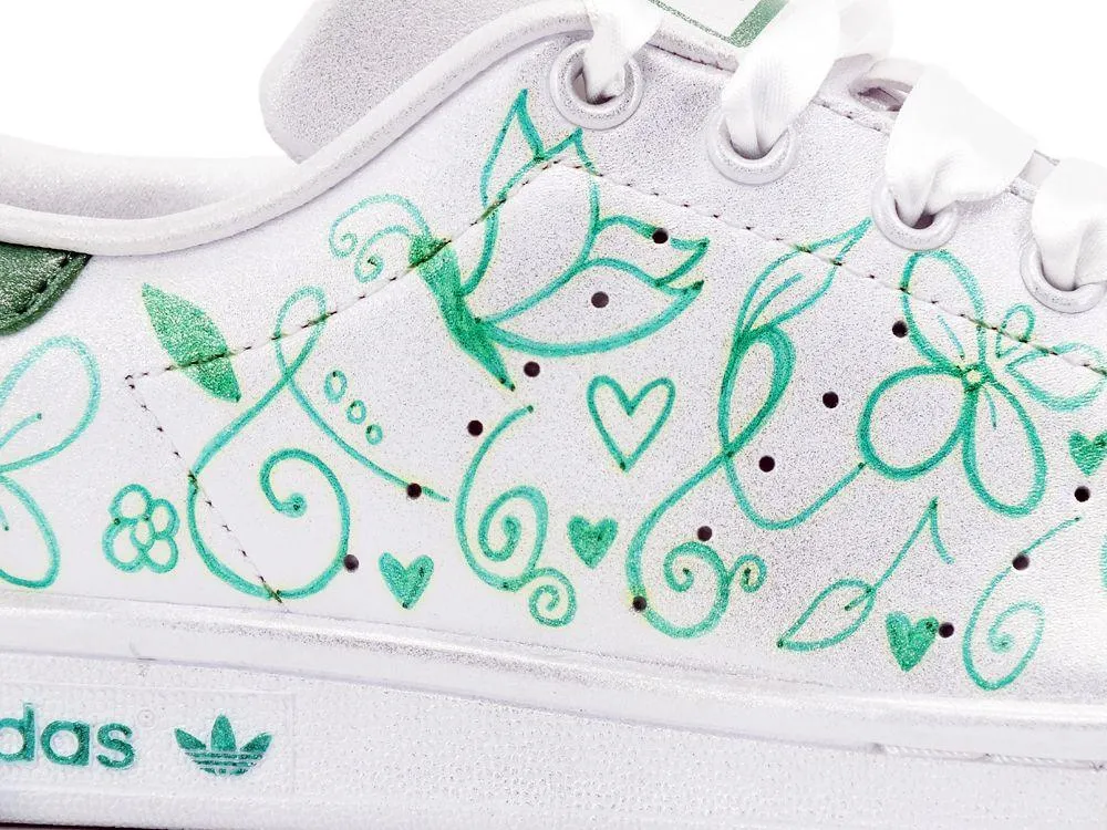 CUSTOM / ADIDAS Stan Smith Sneaker Flower White Green