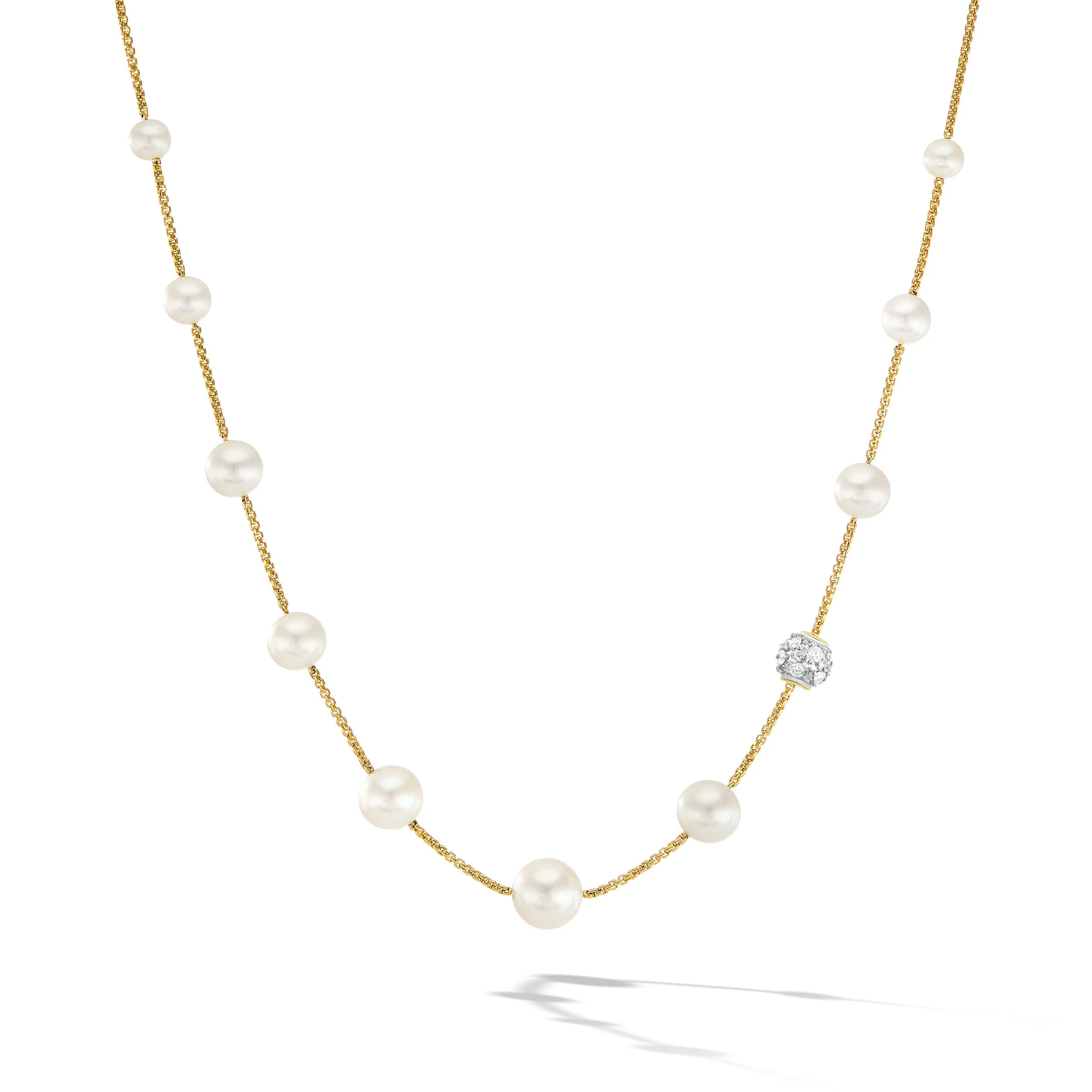 David Yurman Pearl and Pave Station Necklace in 18K Yellow Gold with Diamonds