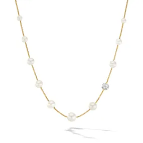 David Yurman Pearl and Pave Station Necklace in 18K Yellow Gold with Diamonds