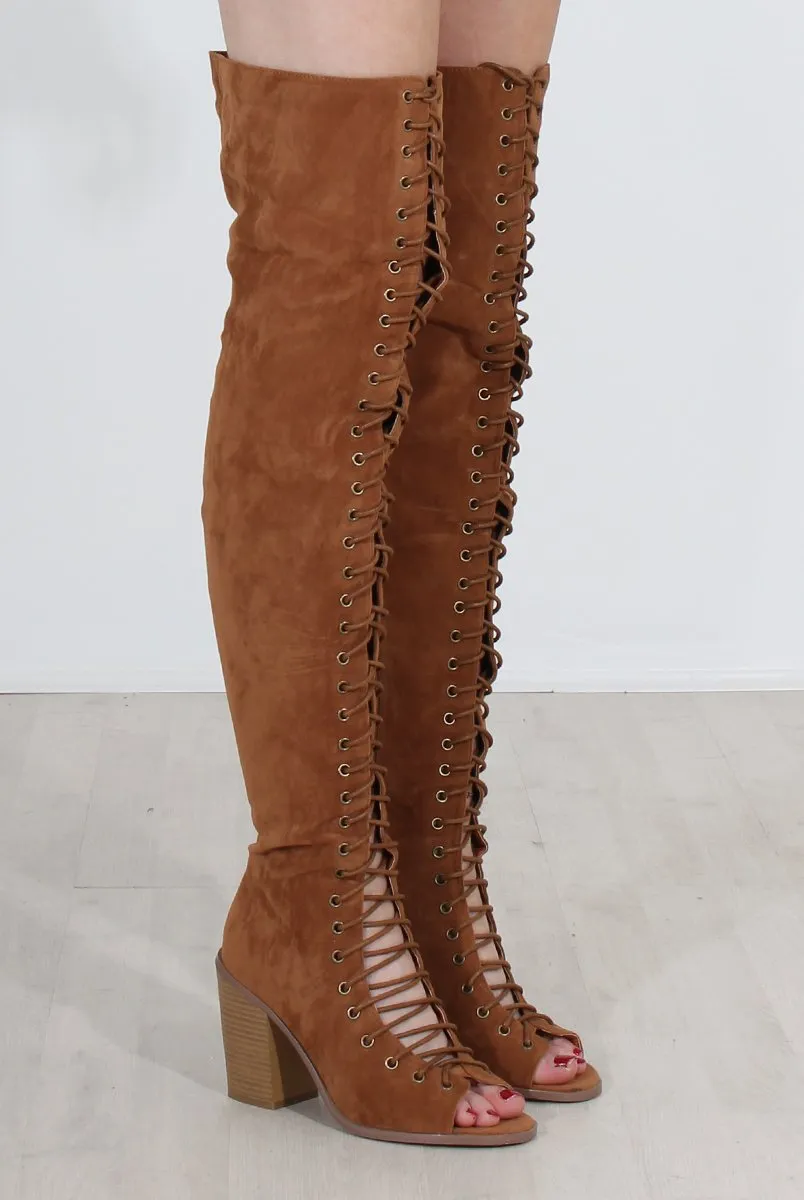 Elita Tan Lace Up Over The Knee Boots