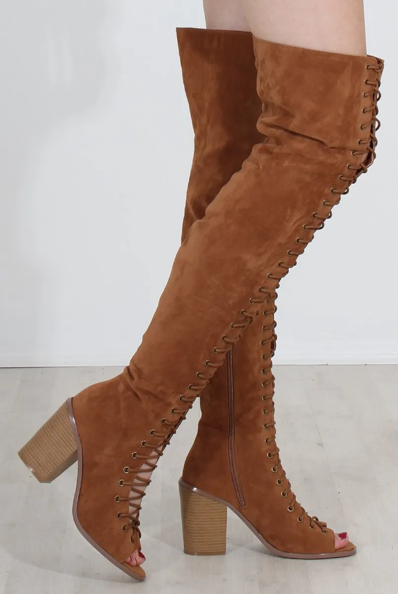 Elita Tan Lace Up Over The Knee Boots