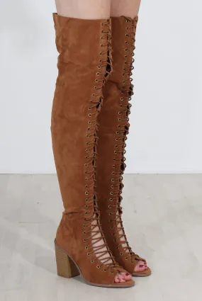 Elita Tan Lace Up Over The Knee Boots