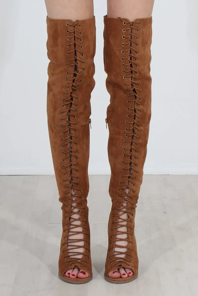 Elita Tan Lace Up Over The Knee Boots