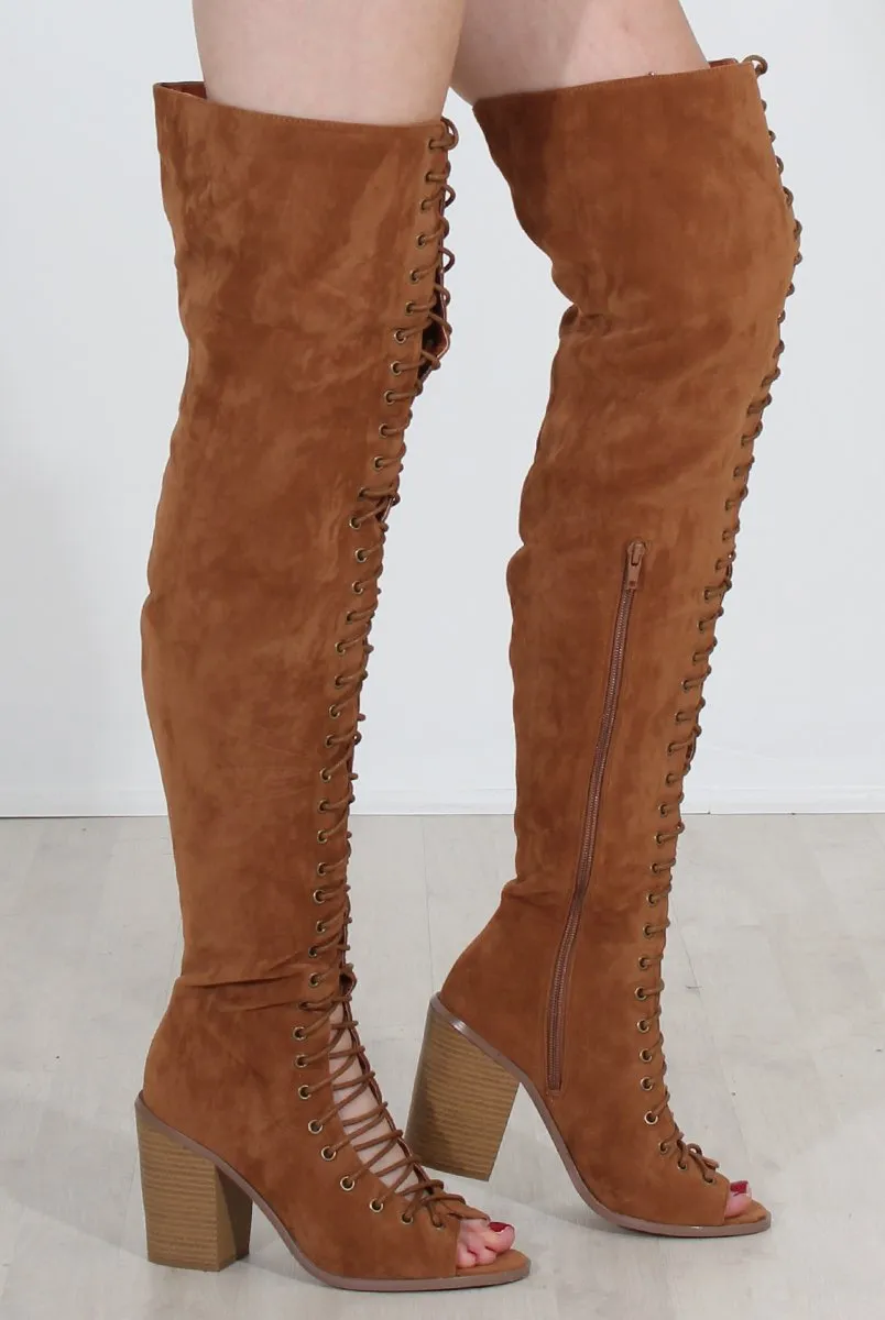 Elita Tan Lace Up Over The Knee Boots