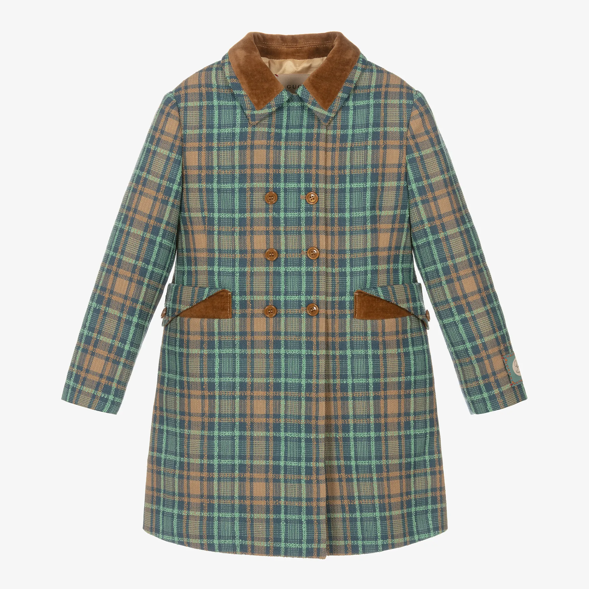 Girls Blue & Brown Wool Check Coat 