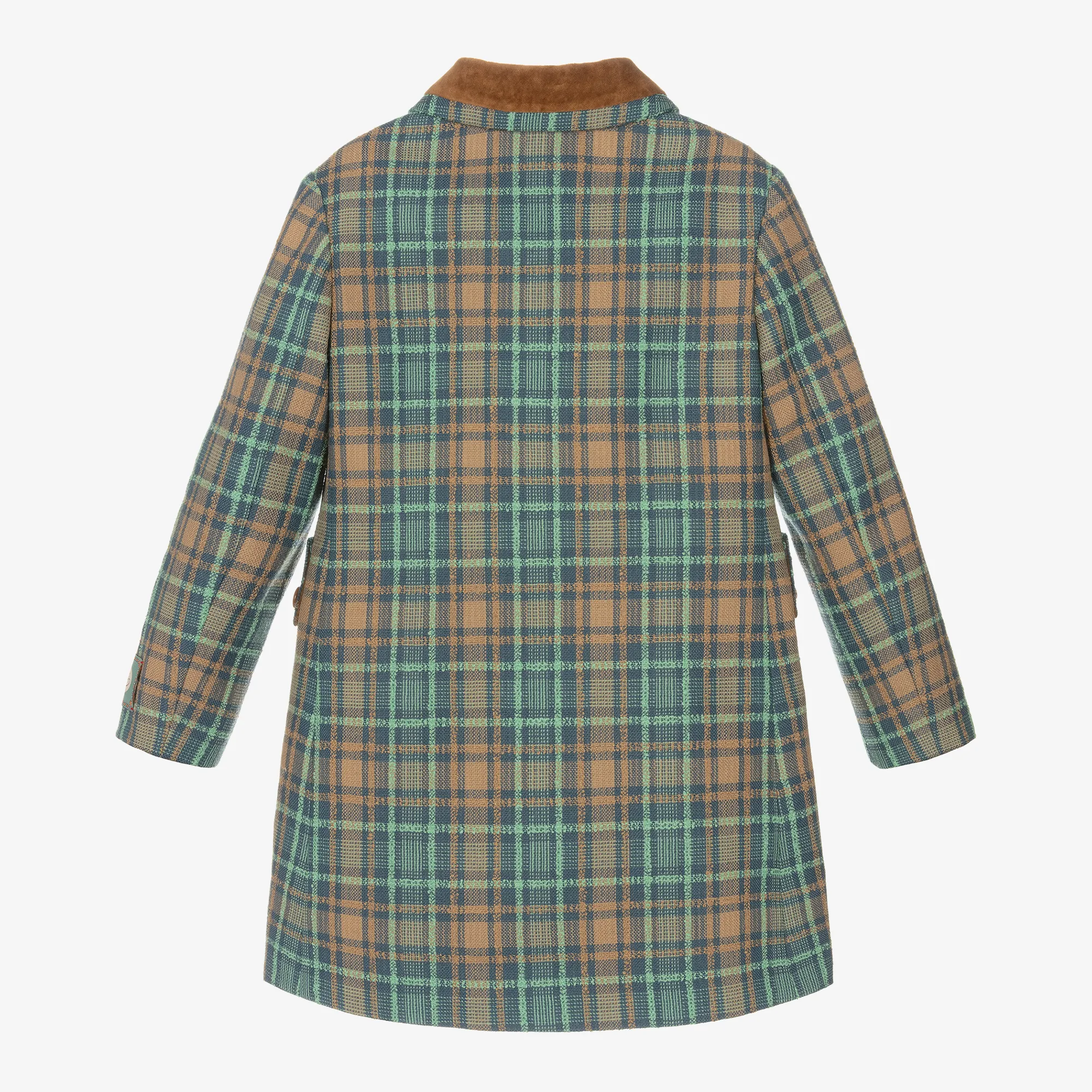 Girls Blue & Brown Wool Check Coat 