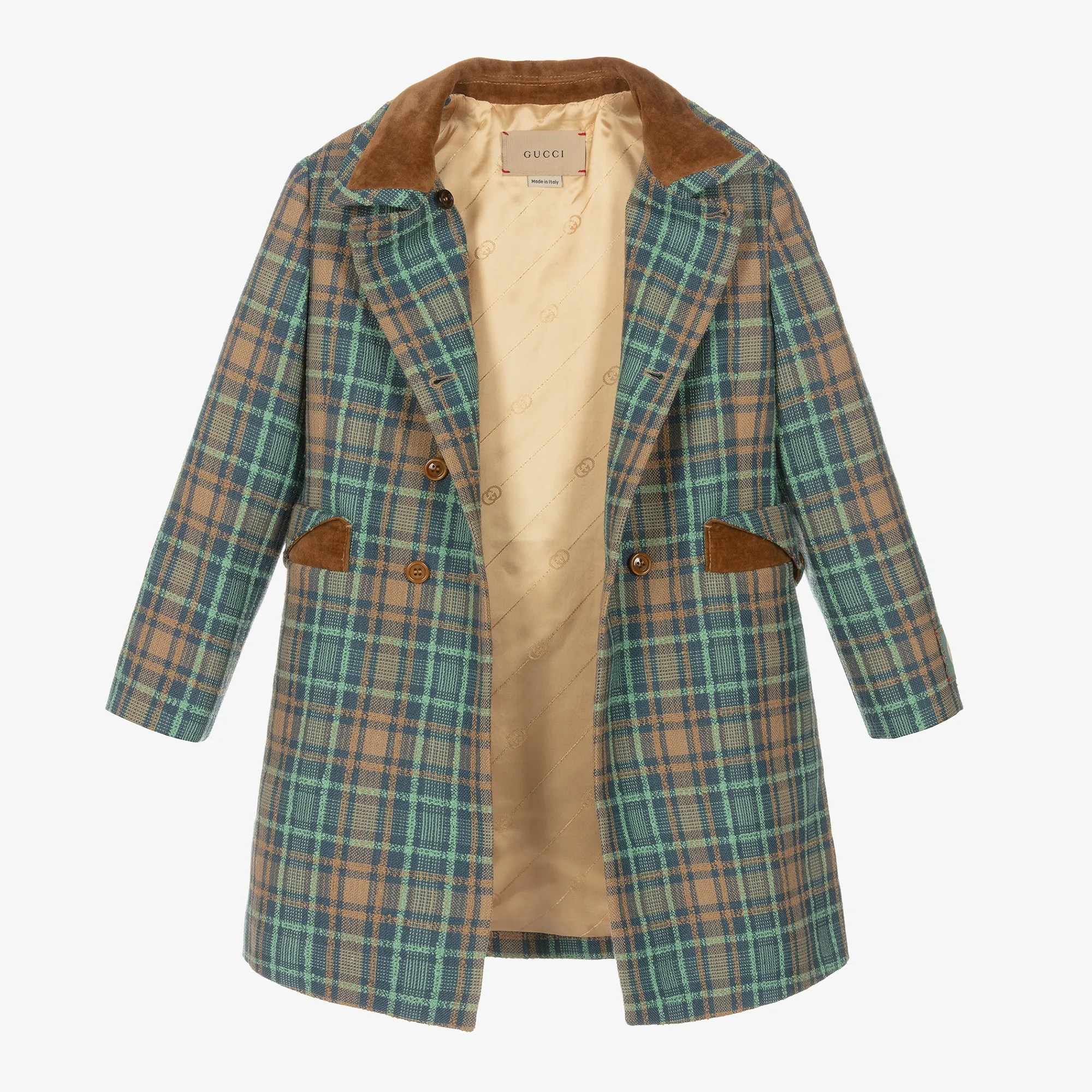 Girls Blue & Brown Wool Check Coat 