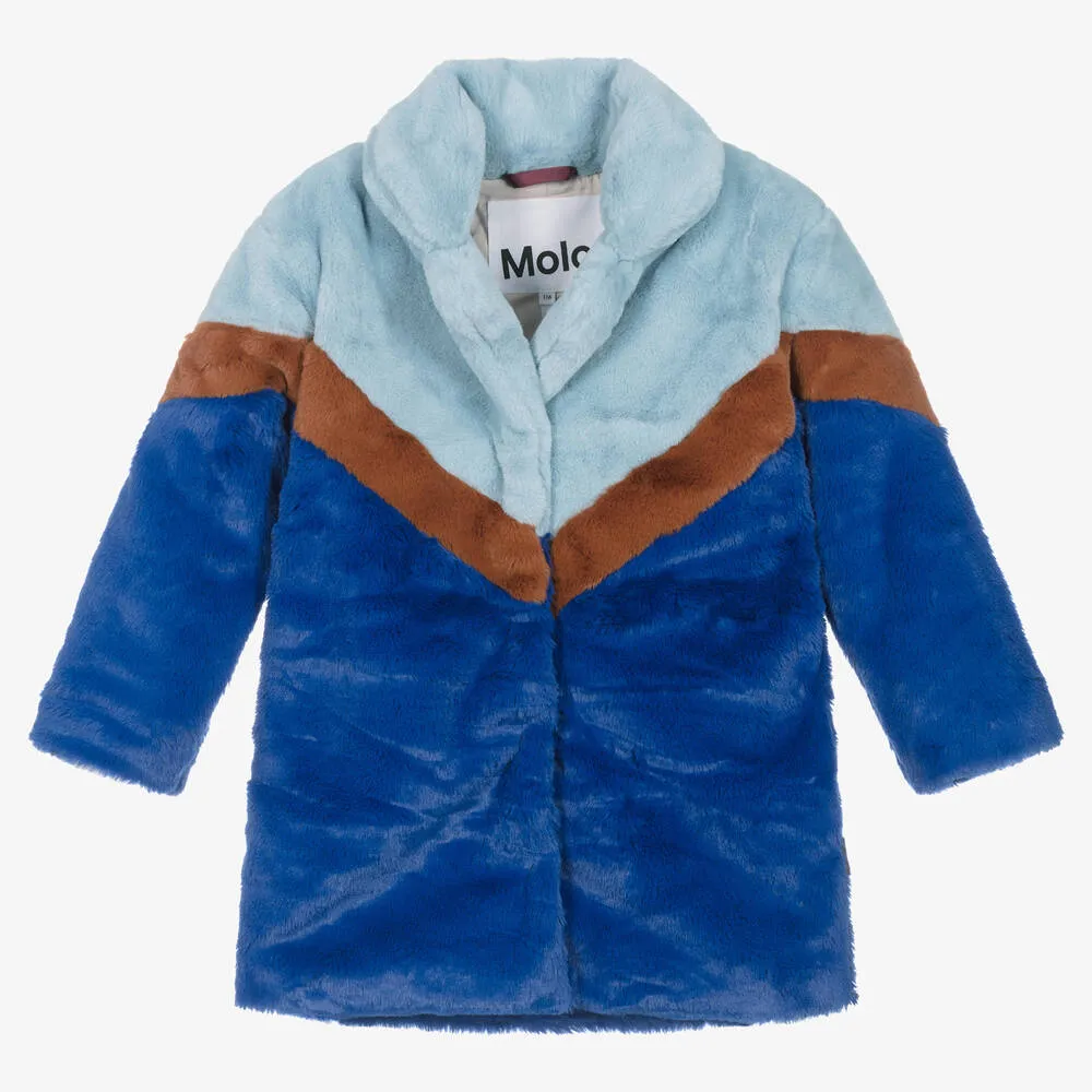 Girls Blue Stripe Faux Fur Coat