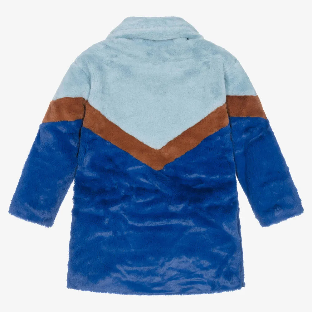 Girls Blue Stripe Faux Fur Coat