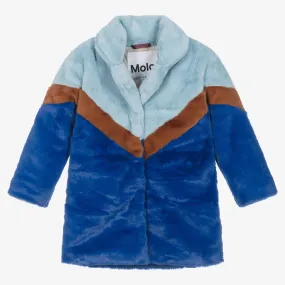 Girls Blue Stripe Faux Fur Coat