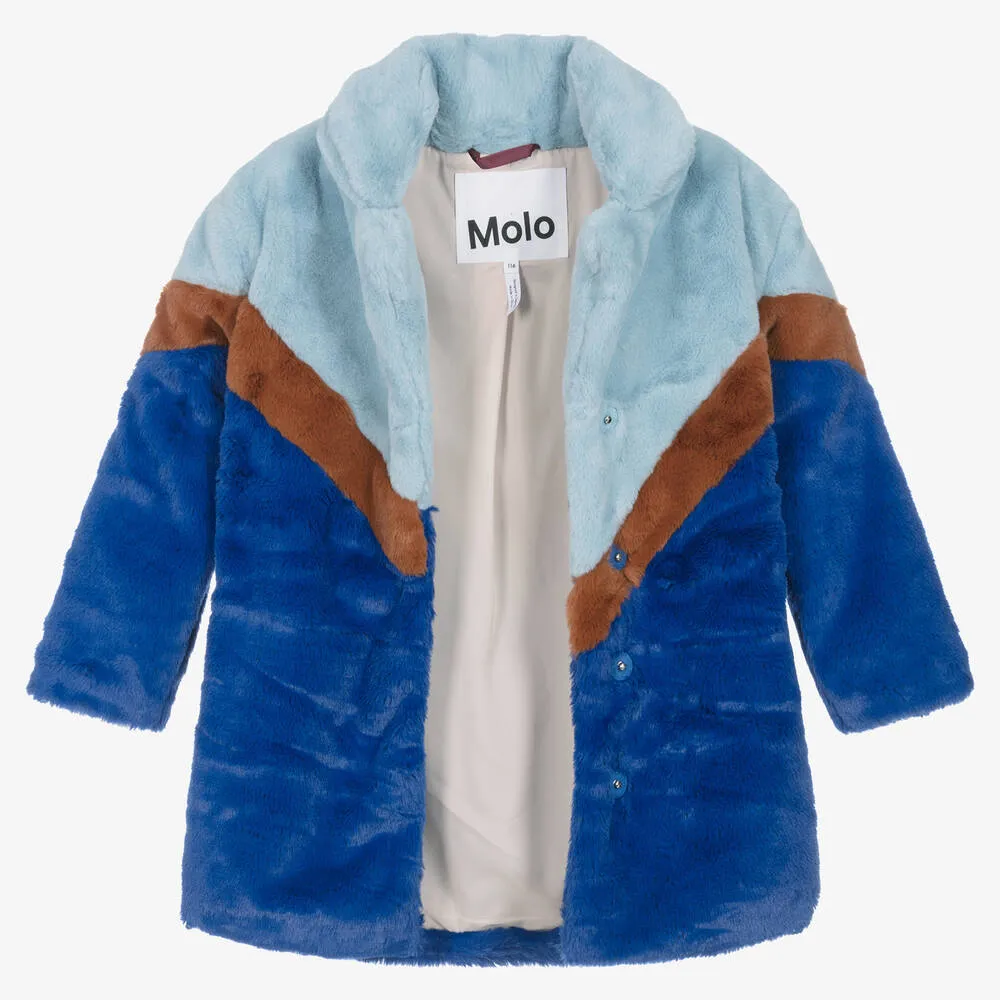 Girls Blue Stripe Faux Fur Coat