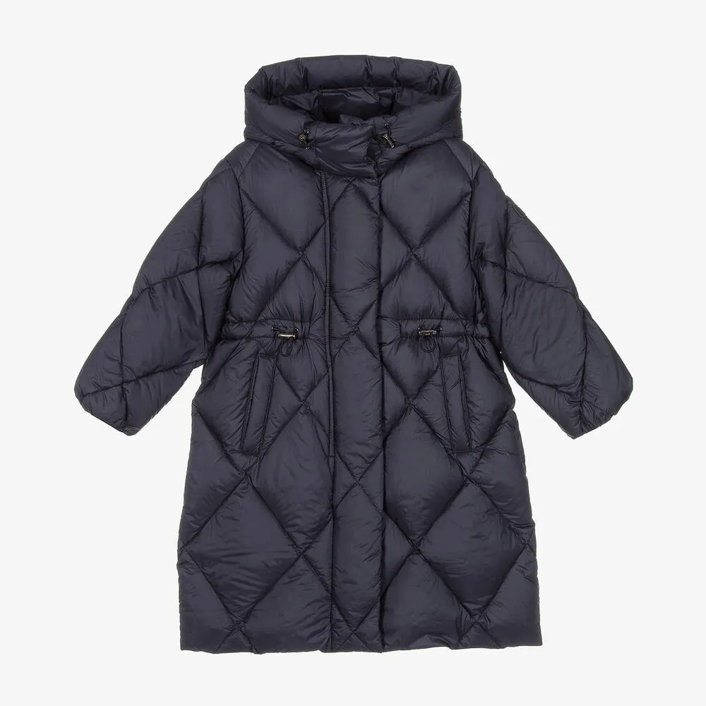 Girls Navy Blue Quilted Down Coat