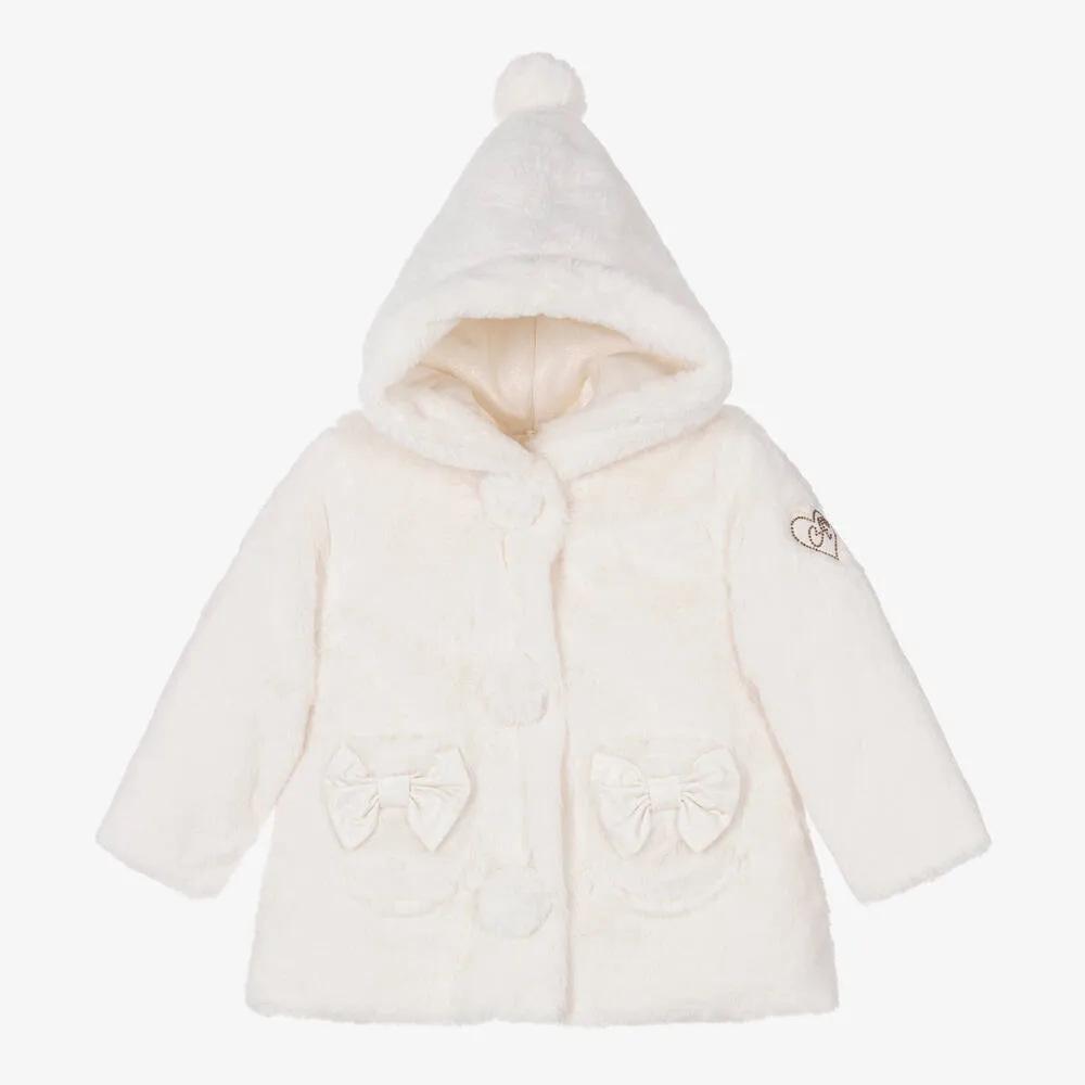 Girls White Faux Fur Hooded Coat