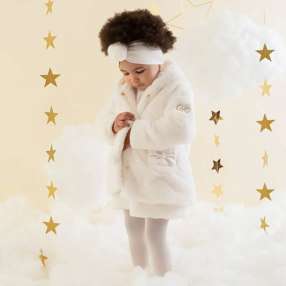 Girls White Faux Fur Hooded Coat