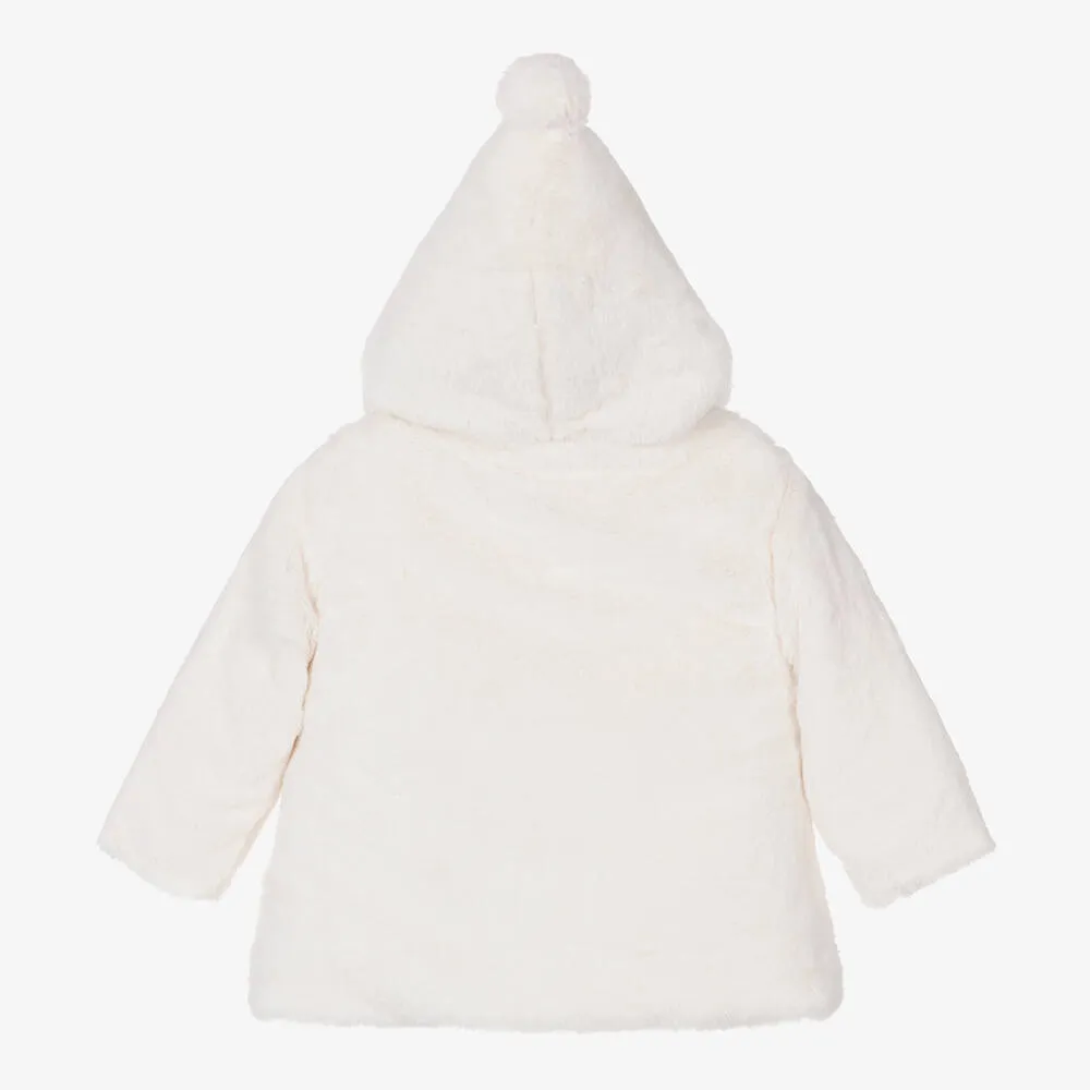 Girls White Faux Fur Hooded Coat