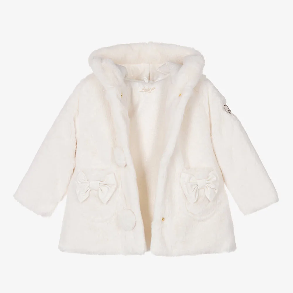 Girls White Faux Fur Hooded Coat