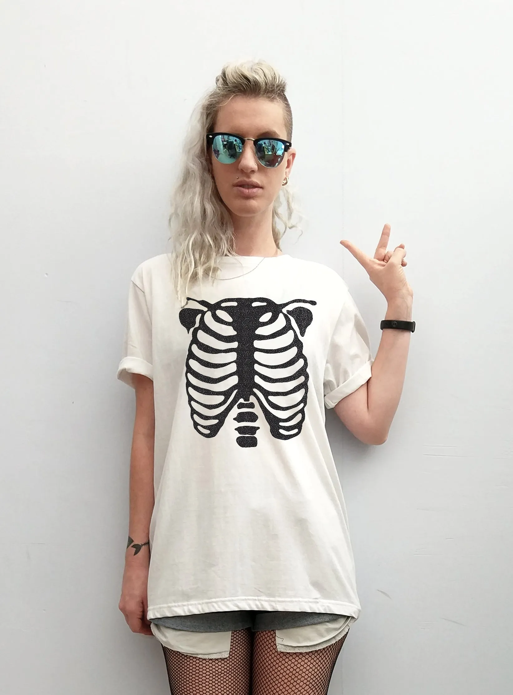 Glitter skeleton ribcage print T shirt | Unisex  Black