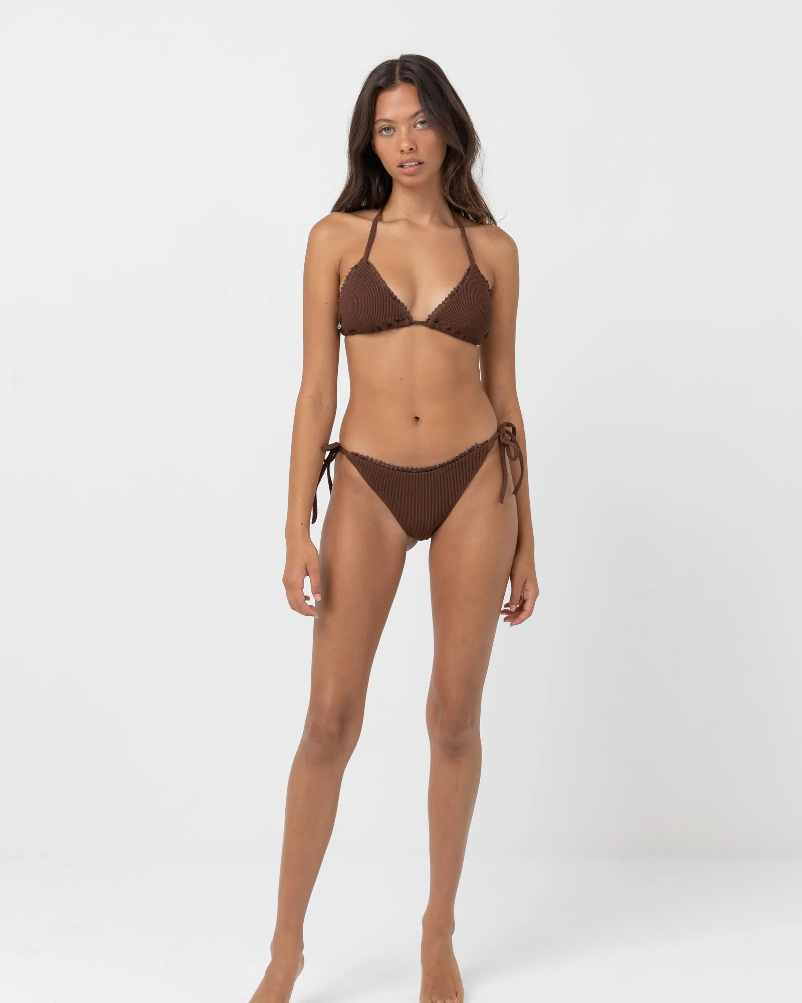 Isla Rib Crochet Tie Side Hi Cut Pant Chocolate