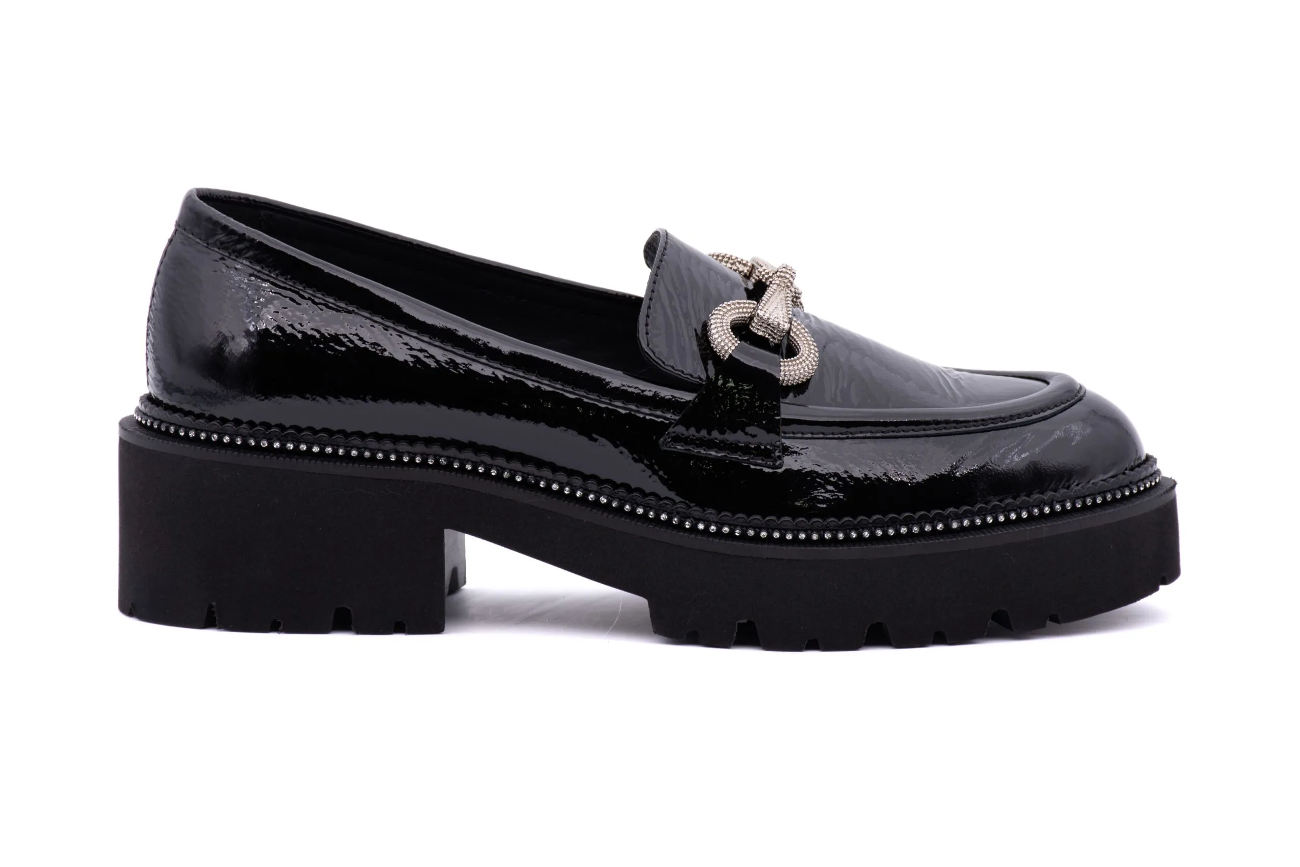 Loafer in Soft Patent Leather and Sole with Rhinestones