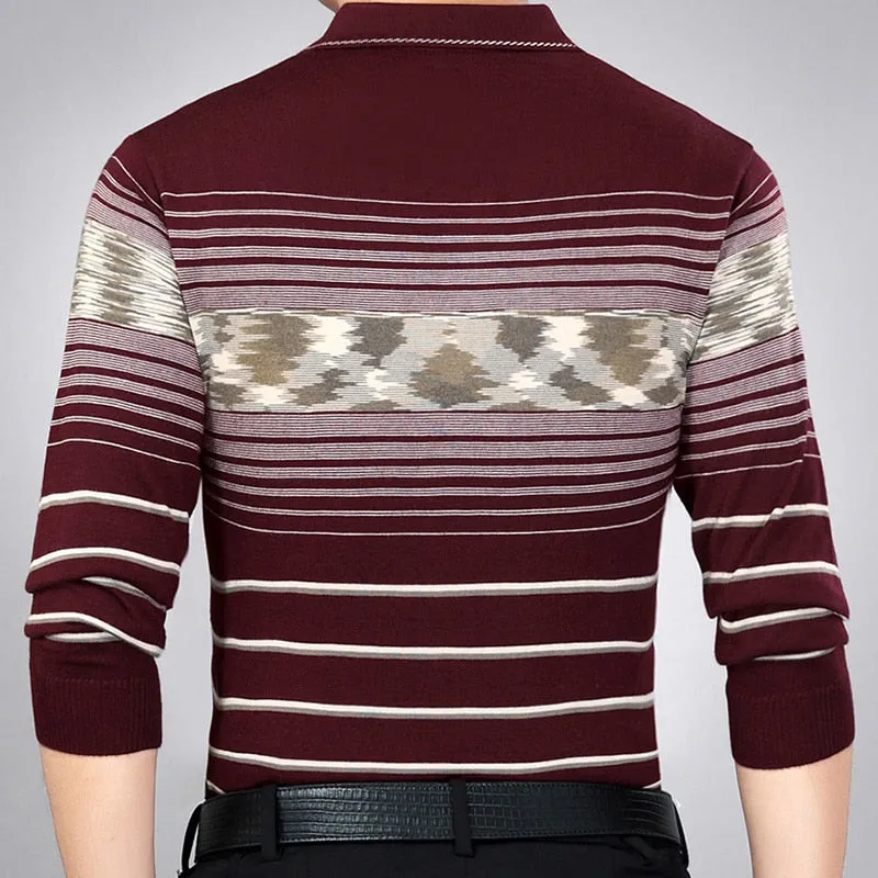 Men's Cotton Striped Pattern Casual Long Sleeve Polo Shirt with Pocket