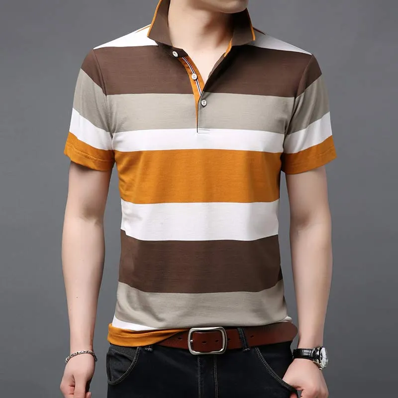 Men's Summer Contrast Color Striped Pattern Short Sleeve Polo Shirt