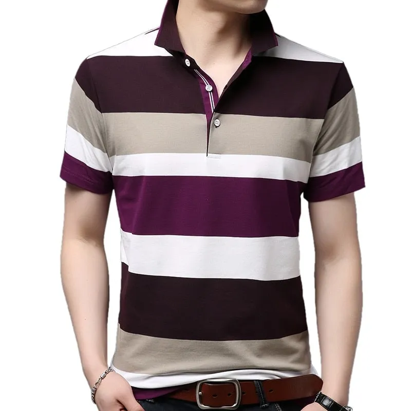 Men's Summer Contrast Color Striped Pattern Short Sleeve Polo Shirt