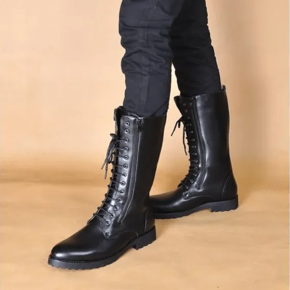 Men's Vintage Lace Up Zipper Faux Leather Army Boots Martin Boots