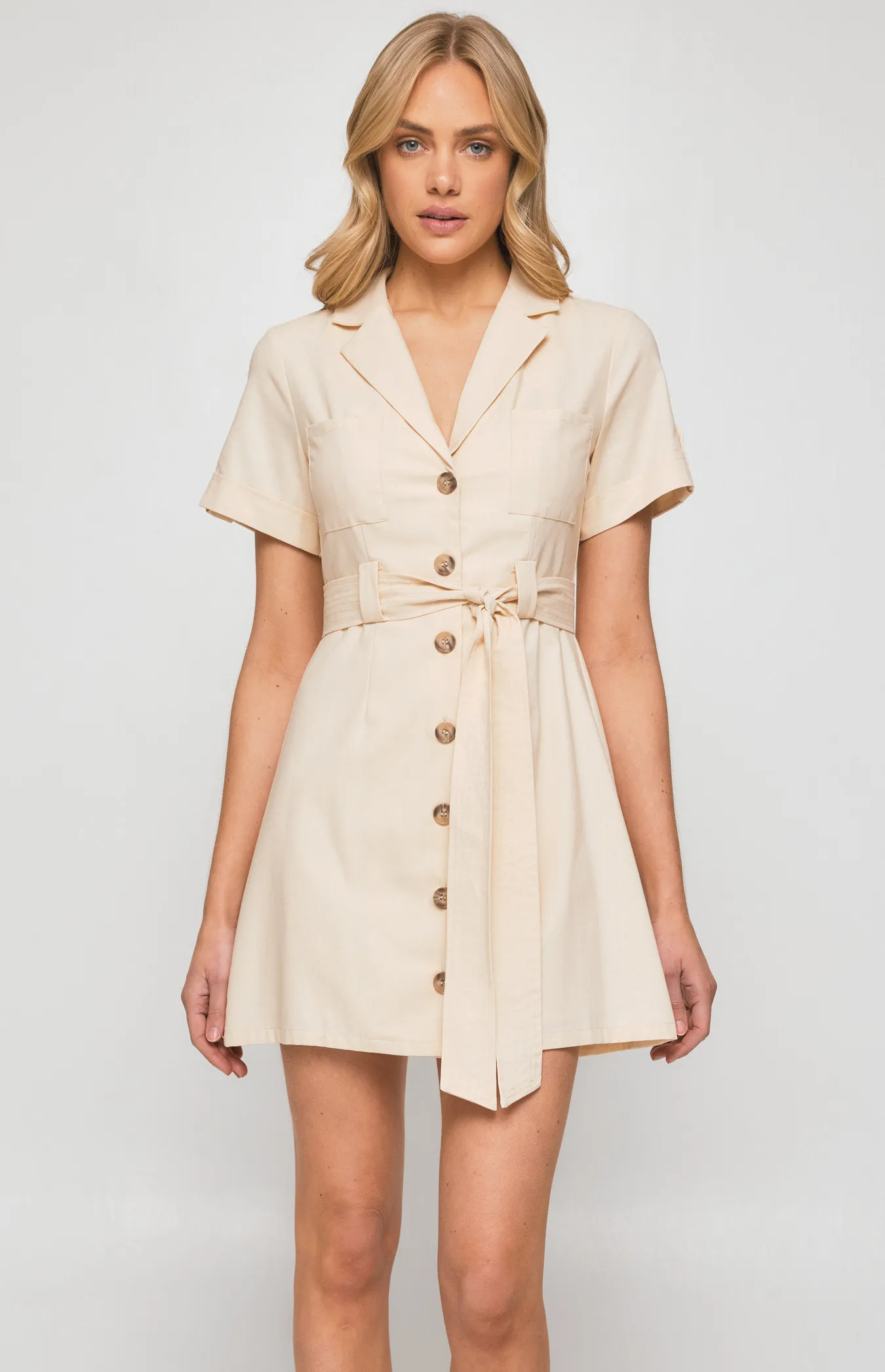 Military Style Collared Shirt Dress with Contrast Buttons (SDR1255B) 