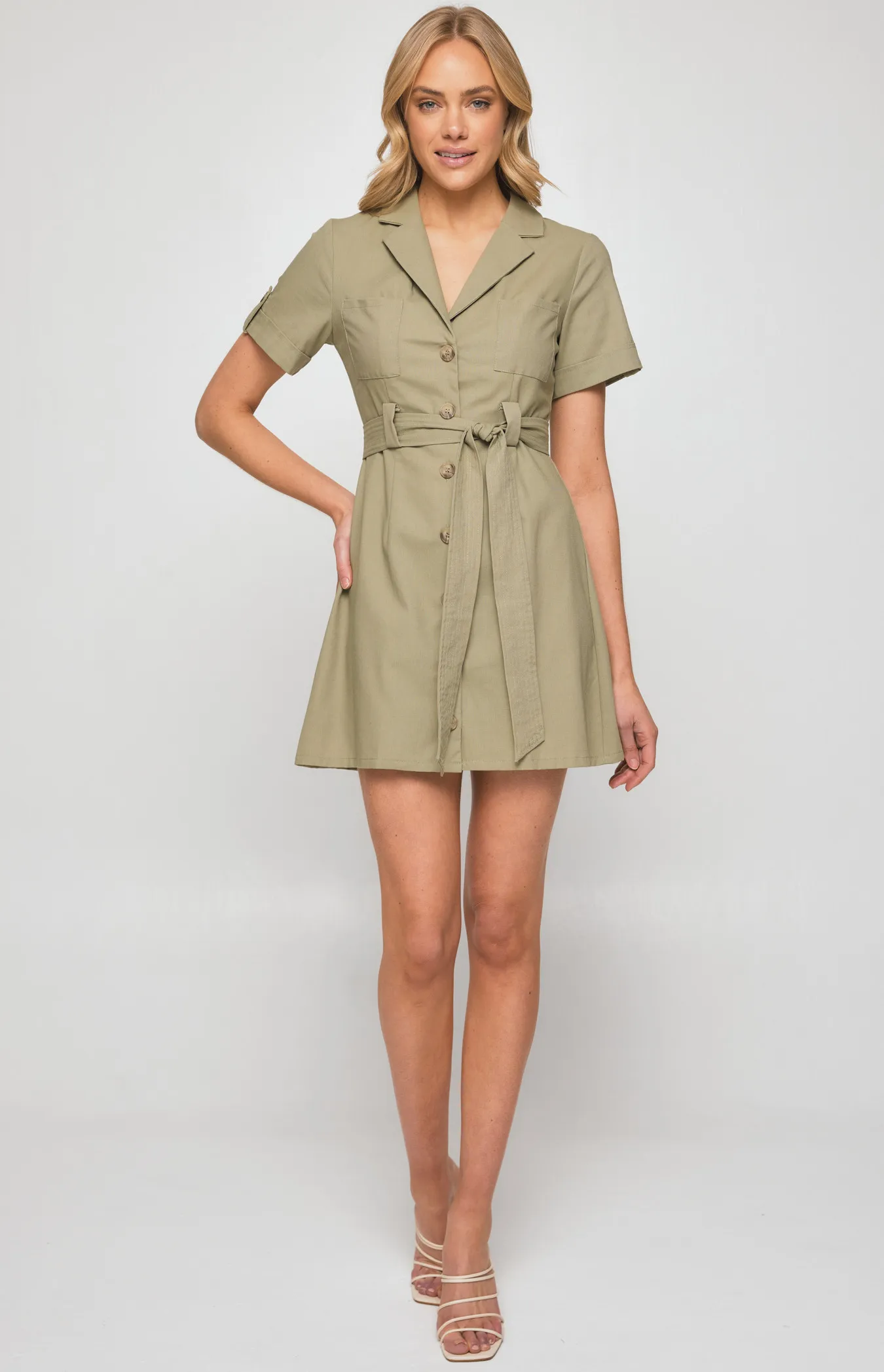 Military Style Collared Shirt Dress with Contrast Buttons (SDR1255B) 