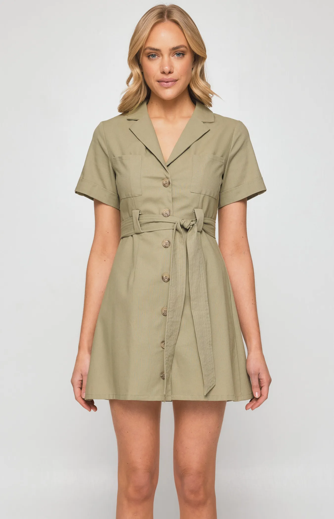 Military Style Collared Shirt Dress with Contrast Buttons (SDR1255B) 