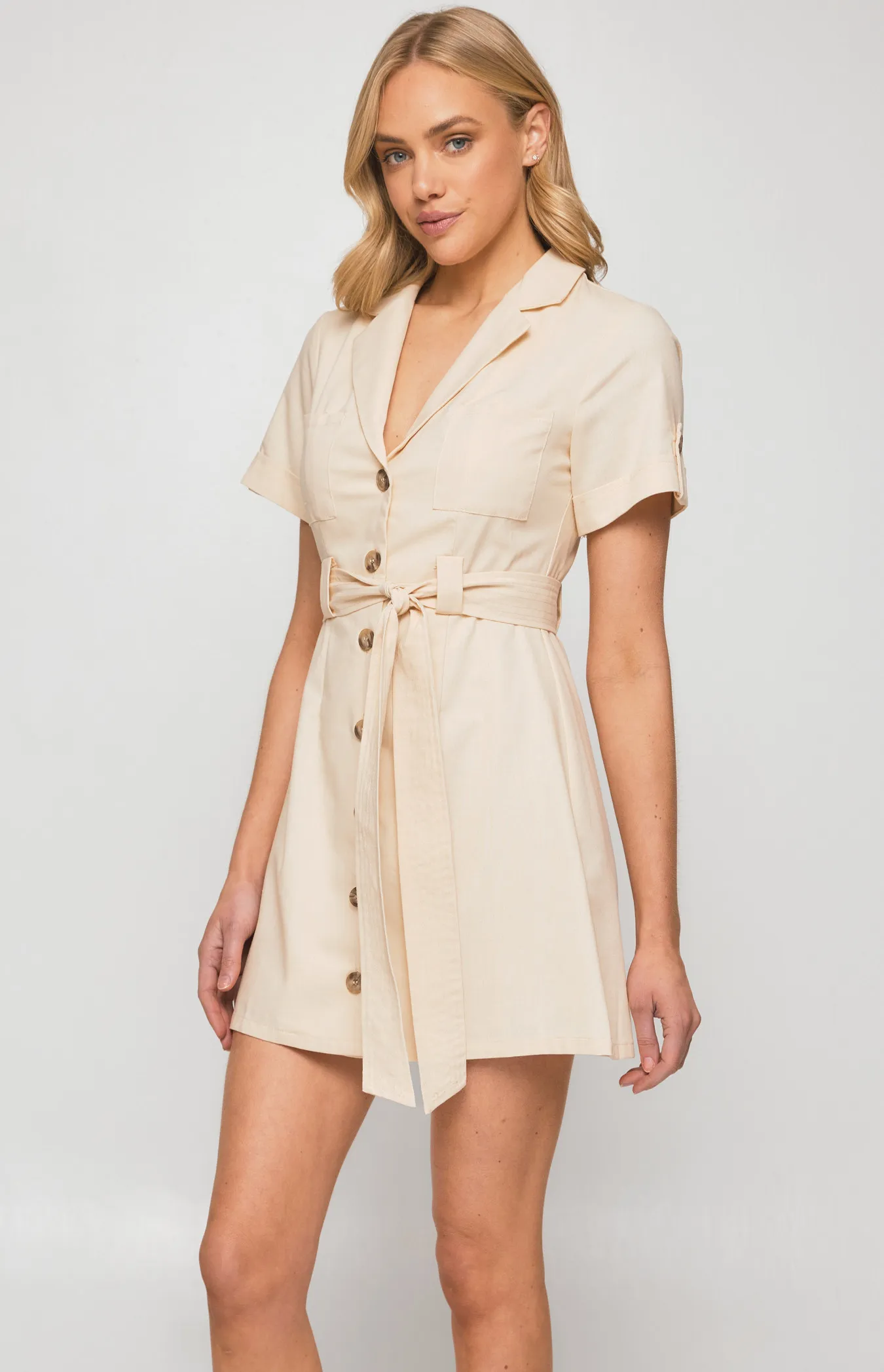 Military Style Collared Shirt Dress with Contrast Buttons (SDR1255B) 