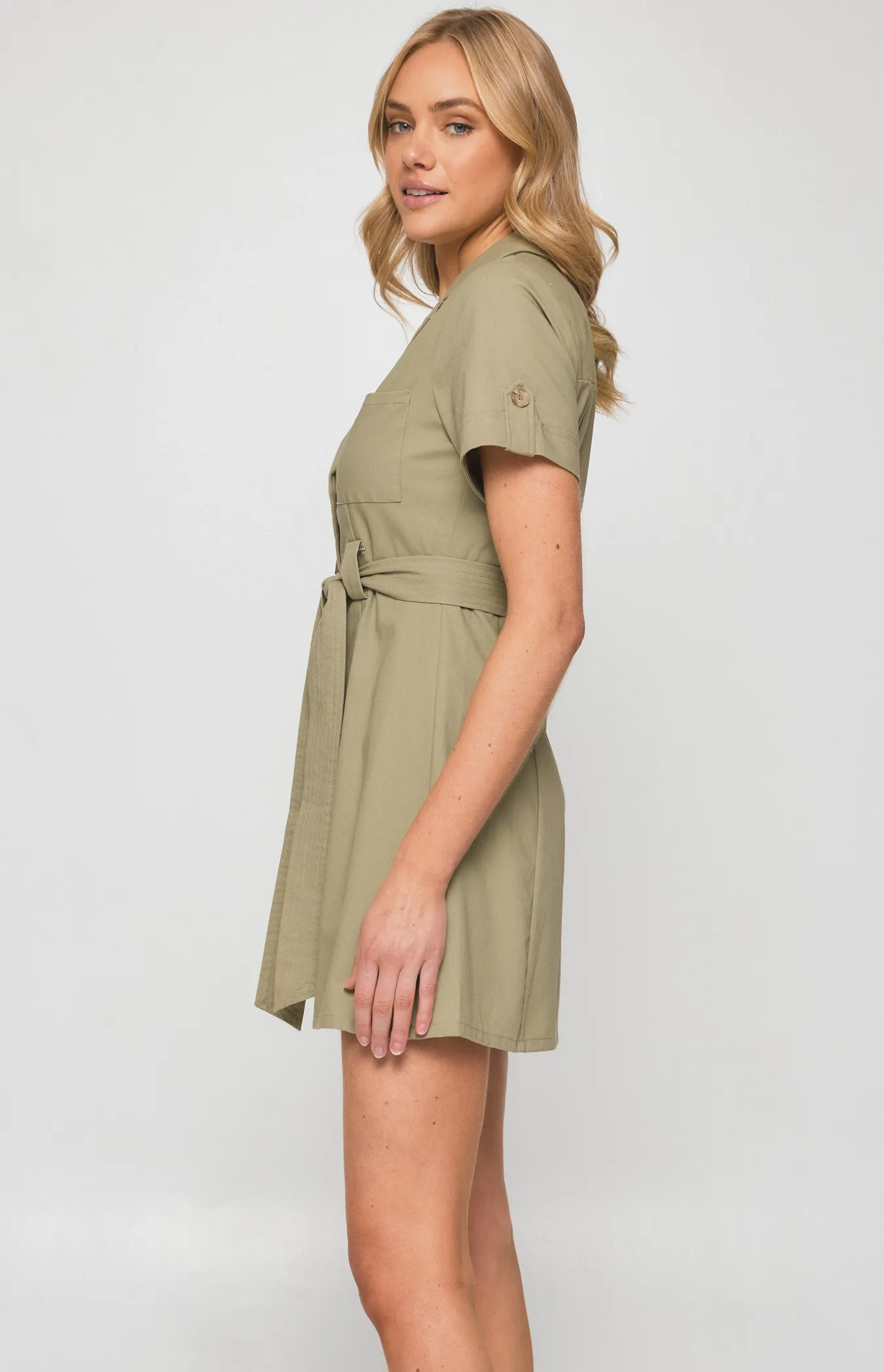 Military Style Collared Shirt Dress with Contrast Buttons (SDR1255B) 