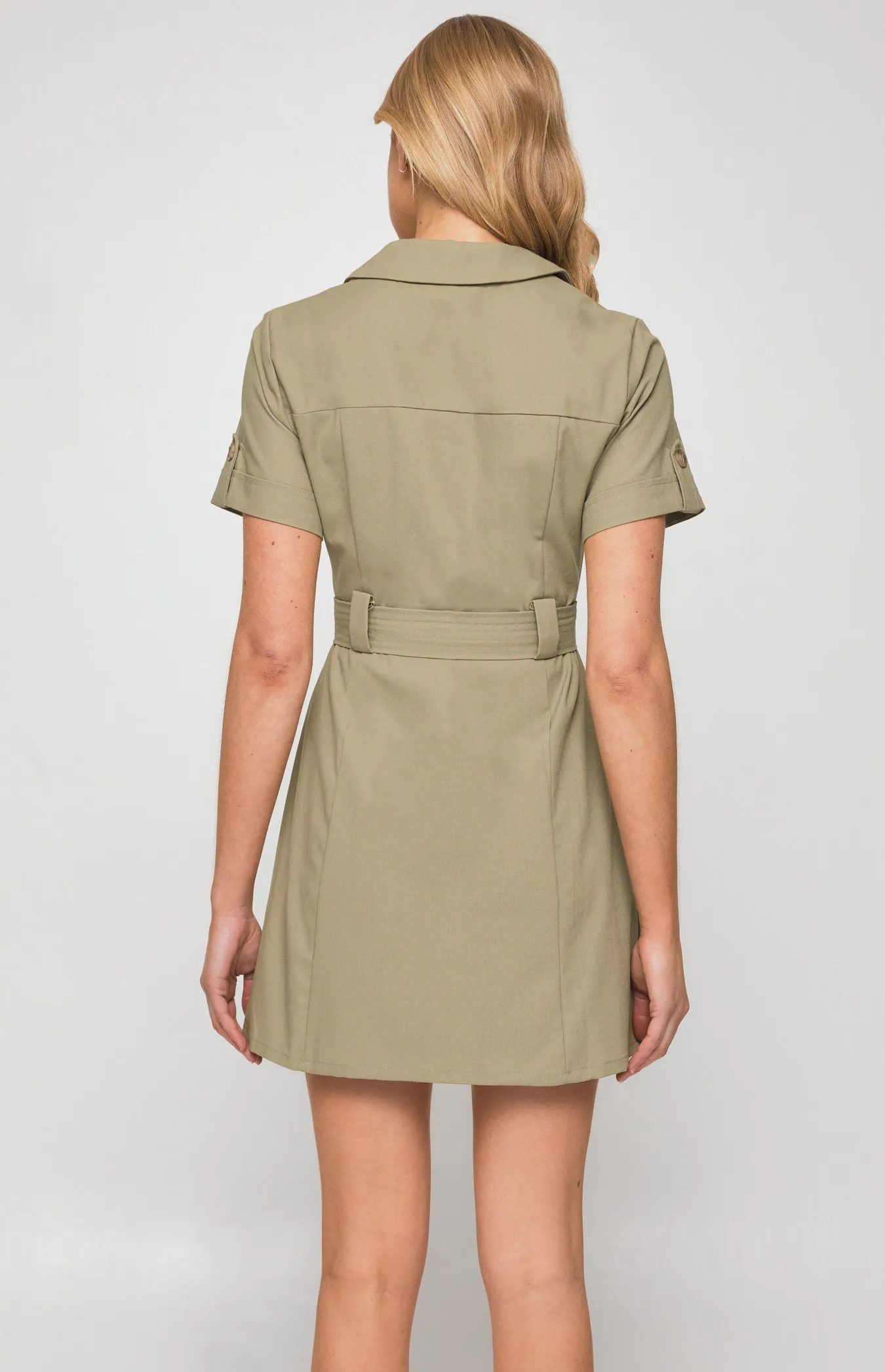 Military Style Collared Shirt Dress with Contrast Buttons (SDR1255B) 