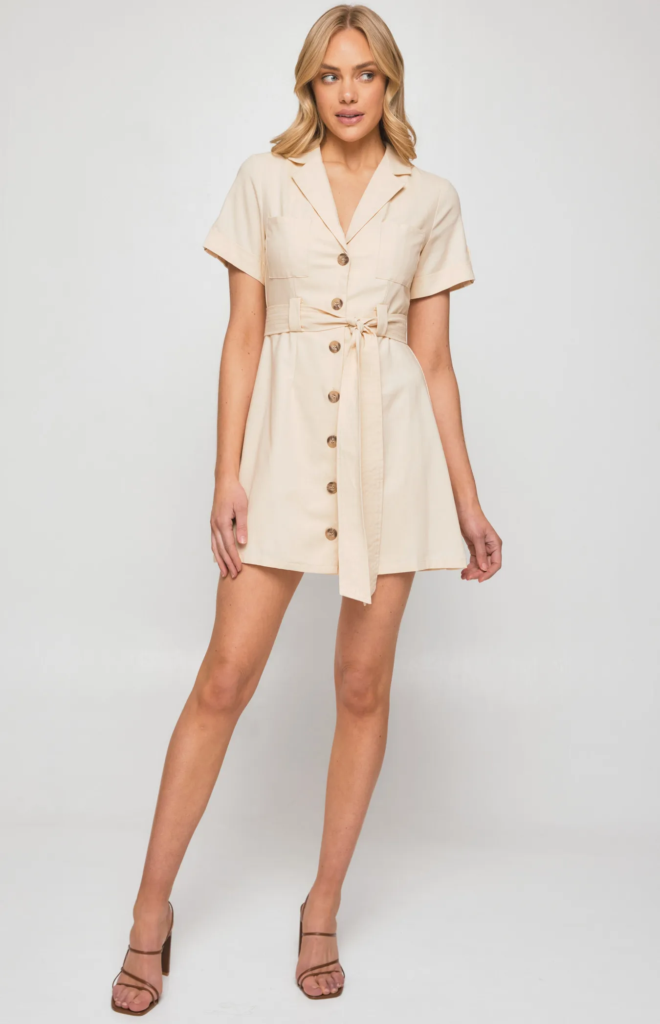 Military Style Collared Shirt Dress with Contrast Buttons (SDR1255B) 