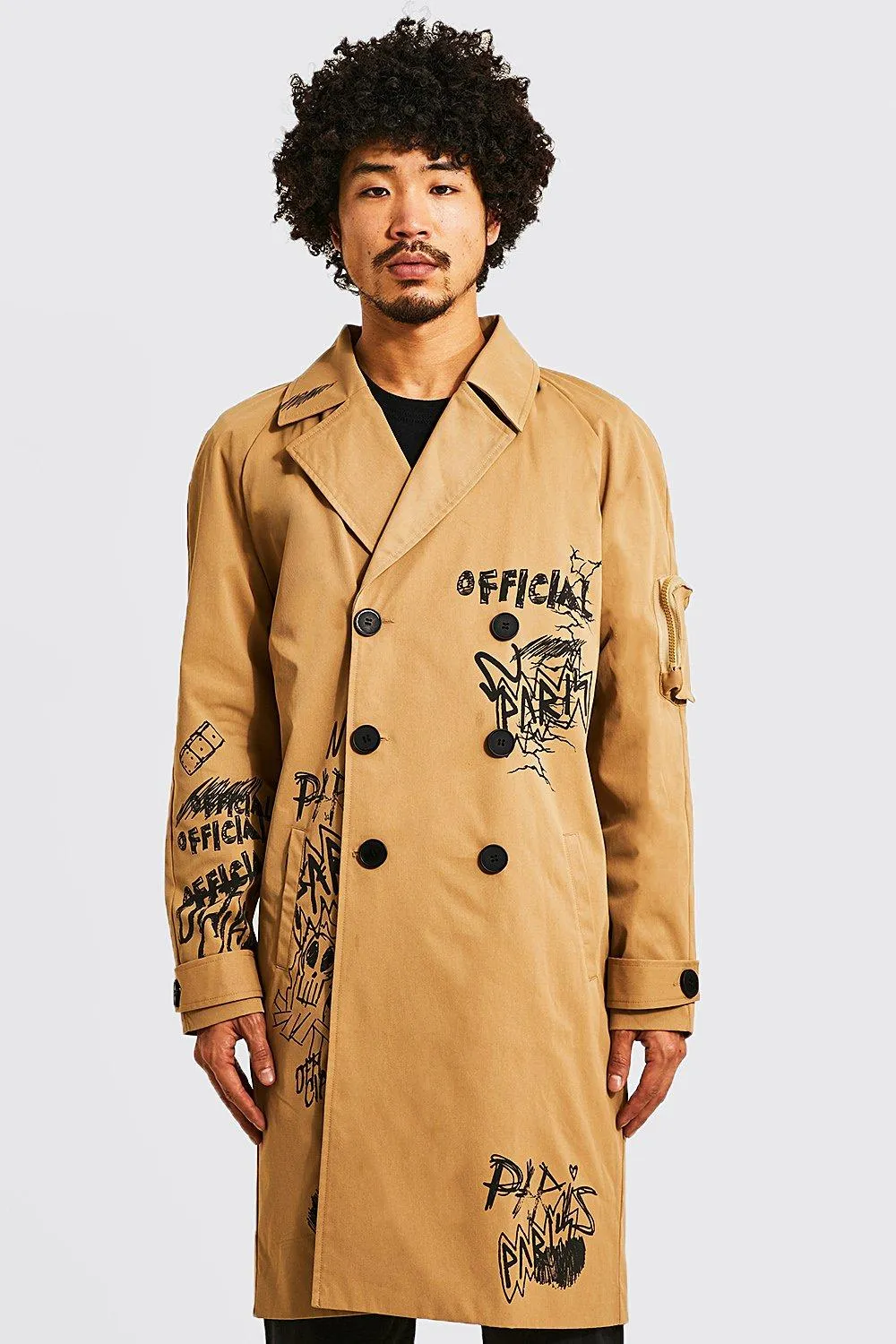 Minimal Graffiti Trench Coat | boohooMAN UK