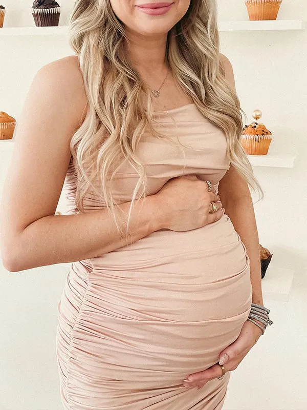 Momnfancy Spaghetti Strap Ruched Bandeau Belly Friendly Bodycon Babyshower Maternity Maxi Dress