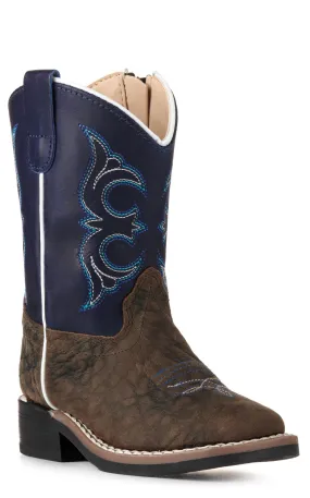 Old West Toddler Dark Brown and Blue Wide Square Toe Cowboy Boots